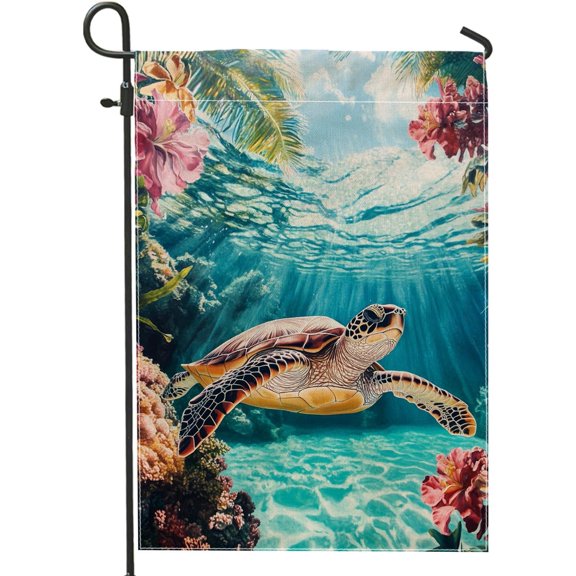Tropical Sea Turtle Garden Flag, Colorful Ocean Underwater Decor, Double Sided Burlap Yard Banner for Summer Outdoor Decoration, Beach Theme Lawn Flag 12x18 Inch