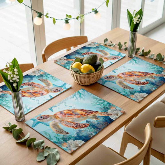Tropical Sea Turtle Placemats Set of 4,Wipeable Washable Table Mats for Dining Tables, Underwater Turquoise Coral Starfish Place Mats for Kitchen Event Party Tabletop Decor