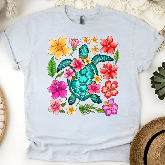 Tropical Sea Turtle T-Shirt for Women, Floral Ocean Hawaiian Vibes Graphic Tee, Ash, Size 3XL