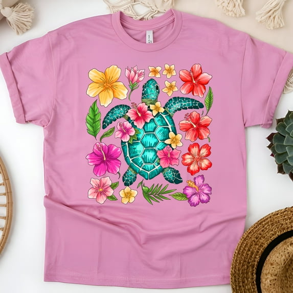 Tropical Sea Turtle T-Shirt for Women, Floral Ocean Hawaiian Vibes Graphic Tee, Azalea, Size 4XL