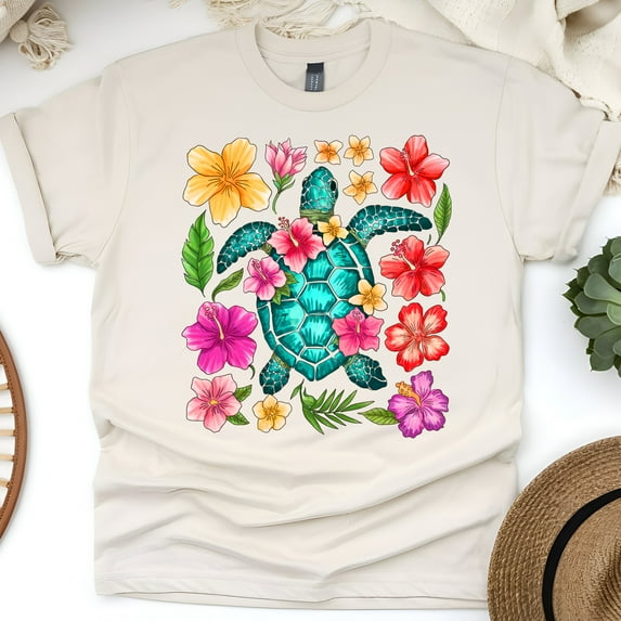 Tropical Sea Turtle T-Shirt for Women, Floral Ocean Hawaiian Vibes Graphic Tee, Natural, Size 3XL