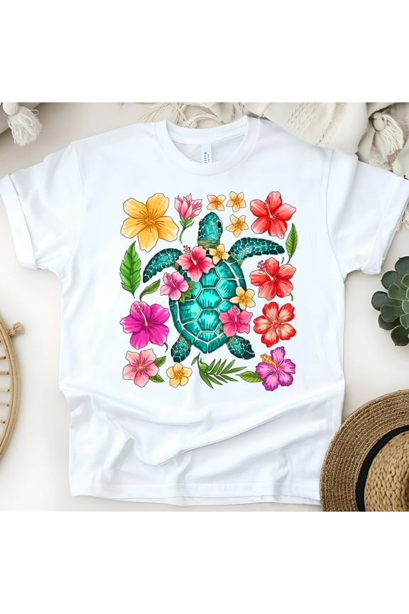 Tropical Sea Turtle T-Shirt for Women, Floral Ocean Hawaiian Vibes Graphic Tee, White, Size L