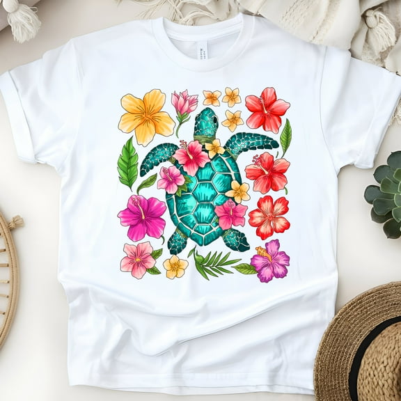 Tropical Sea Turtle T-Shirt for Women, Floral Ocean Hawaiian Vibes Graphic Tee, White, Size M