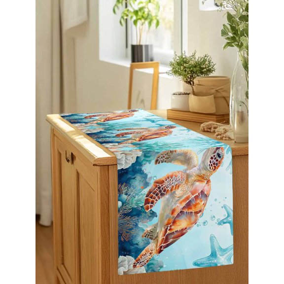 Tropical Sea Turtle Table Runner 36 Inches Long,Kitchen Dining Tablerunners Underwater Turquoise Coral Starfish Linen Table Runners Dresser Scarves for Home Dinner Wedding Holiday Party Decor