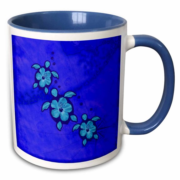 3drose, Tropical Sea Turtles with Flower Shells on a Nautical Map of Islands., 11oz Two-tone Blue Mug
