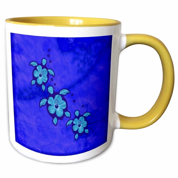 3drose, Tropical Sea Turtles with Flower Shells on a Nautical Map of Islands., 11oz Two-tone Yellow Mug