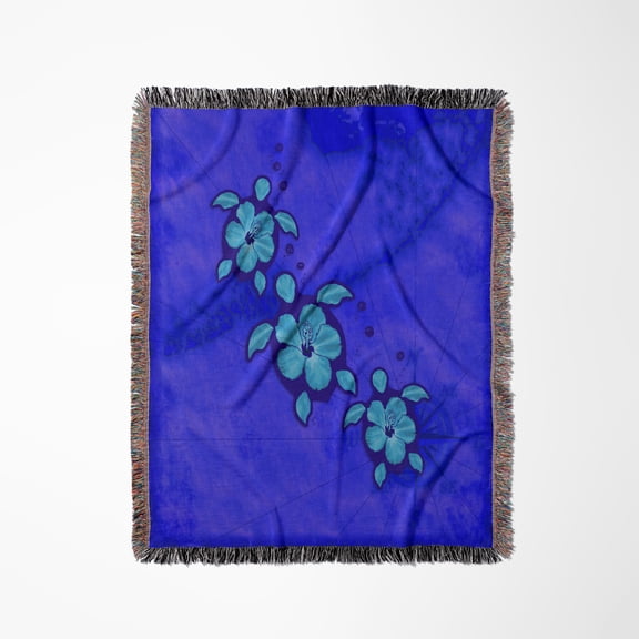 Tropical Sea Turtles With Flower Shells On A Nautical Map Of Islands., Woven Blanket