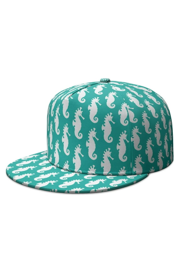 Tropical Seahorse Flat Bill Cap - Unisex Adjustable Snapback Hat with Marine Life Design - Coastal Urban Fashion for Men Women Teens - Ocean Beach Coral Theme
