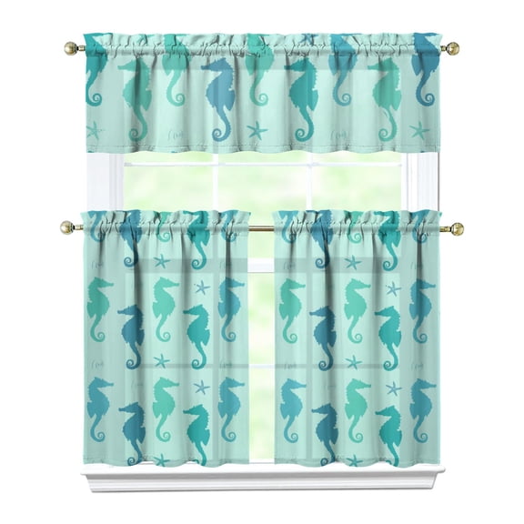 Tropical Seahorse Ocean Kitchen Curtains Set Cute Marine Creatures Beach Life Nautical Starfish Fish Coral Waves Plants Seashells Sea Jellyfish Underwater Summer Coastal Design Tier and Valance Rod Po