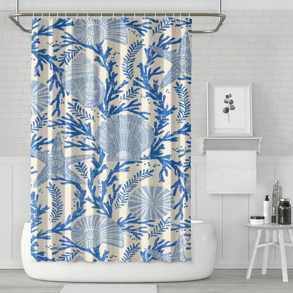 Tropical Seahorse and Starfish Shower Curtain with Nautical Beach Seashells and Coral Print, Marine Ocean Creatures Pattern, Vintage Style Waterproof Fabric with Hooks