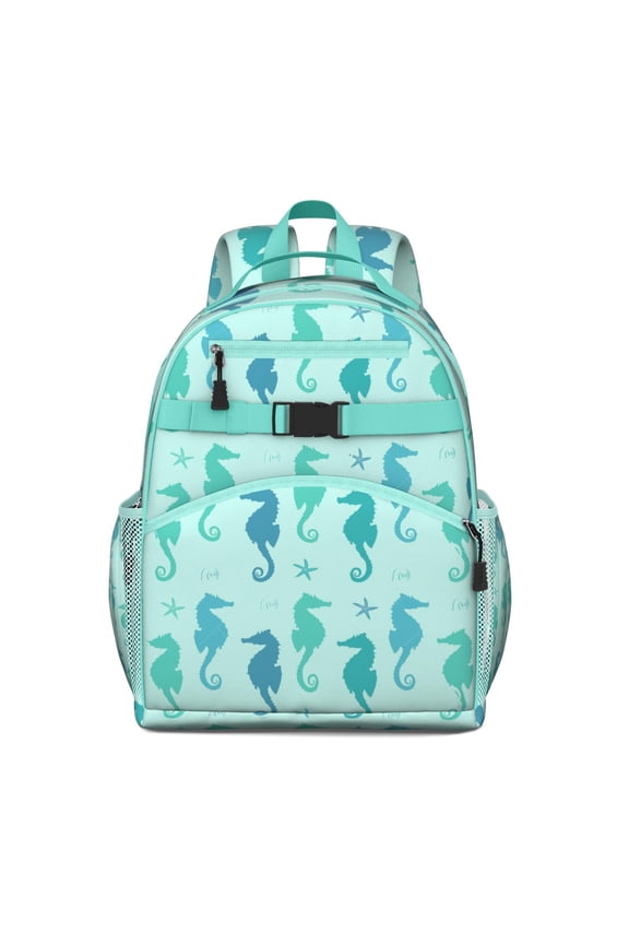 Tropical Seahorse Students Backpack with Nautical Coastal Life Design, Cute Cartoon Underwater Plants and Shells Print, Marine Beach Theme for School and Travel