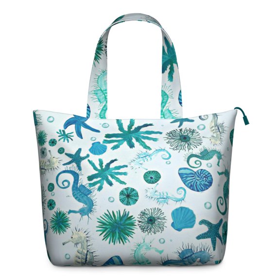 Tropical Seahorse Travel Duffel Bag, Nautical Beach Life Cartoon Print Weekender Tote with Coral, Fish, and Seaweed Pattern, Multipurpose Carry-on Bag