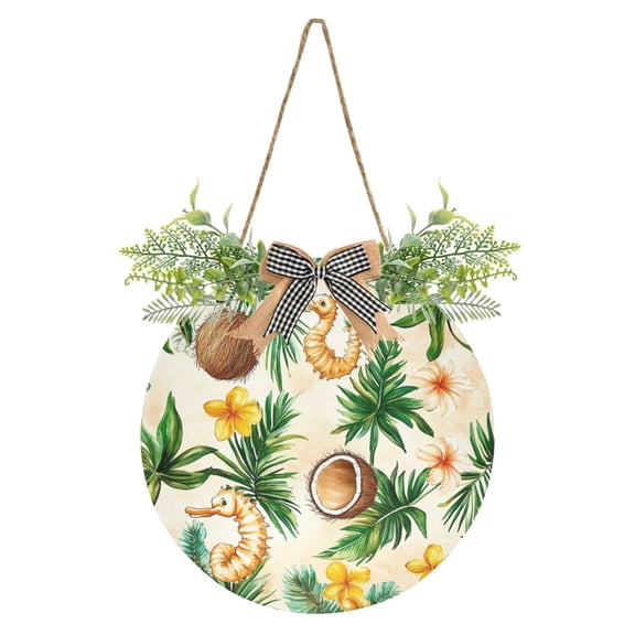 Tropical Seahorse and Coconut Front Door Porch Decoration Hanging Sign with Artificial Green Plants and Bow for Home Outdoor Indoor