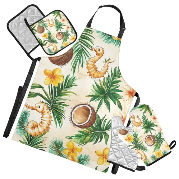 Tropical Seahorse and Coconut Oven Mitts and Pot Holders with Chef Apron Set 5 Pcs Kitchen Cooking Set