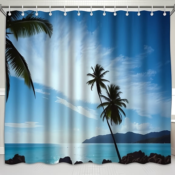 Tropical Seascape Shower Curtain Vibrant Trees & Azure Sky - Serene Beach Decor for Bathroom