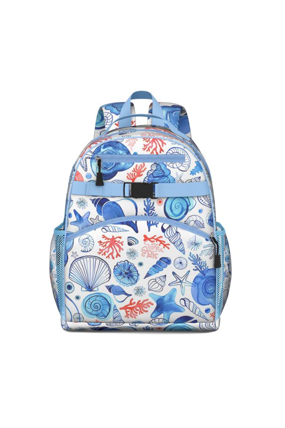 Tropical Seashell Beach Students Backpack with Nautical Shell, Starfish, Marine Life, Sea Coral, Fish and Cute Spiral Seashell Artwork