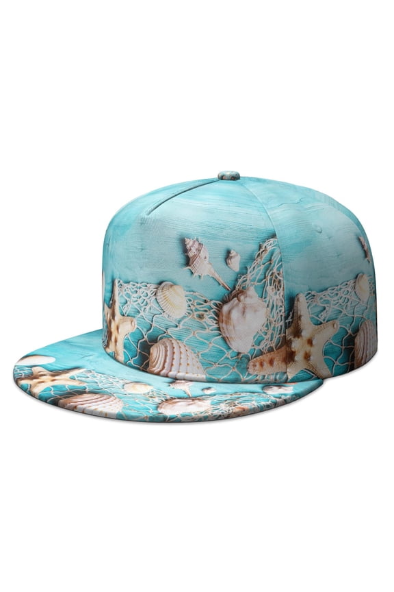 Tropical Seashell Flat Bill Cap - Adjustable Snapback Hip Hop Hat with Coral & Fish Design - Unisex Urban Style