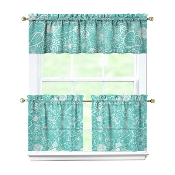 Tropical Seashell Kitchen Curtains Set Nautical Beach Marine Coral Starfish Spiral Seashell Cute Sea Life Fish Tier and Valance Window Curtains