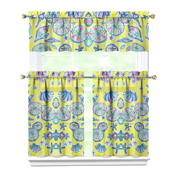 Tropical Seashell Window Curtains 3-PC Set, Light Filtering Beach Style Rod Pocket Panels for Farmhouse Kitchen