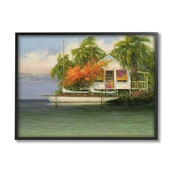 Tropical Seaside House Boat Landscape Painting Black Framed Art Print Wall Art