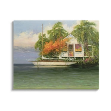 Tropical Seaside House Boat Landscape Painting Gallery Wrapped Canvas Print Wall Art