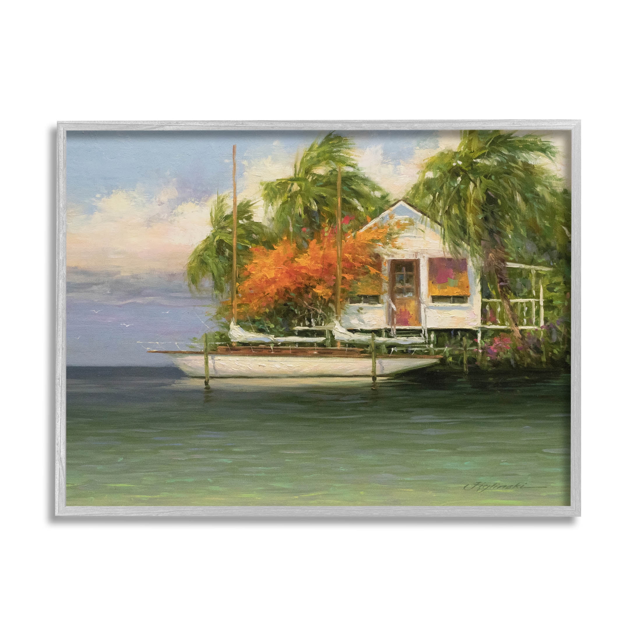 Tropical Seaside House Boat Landscape Painting Gray Framed Art Print Wall Art