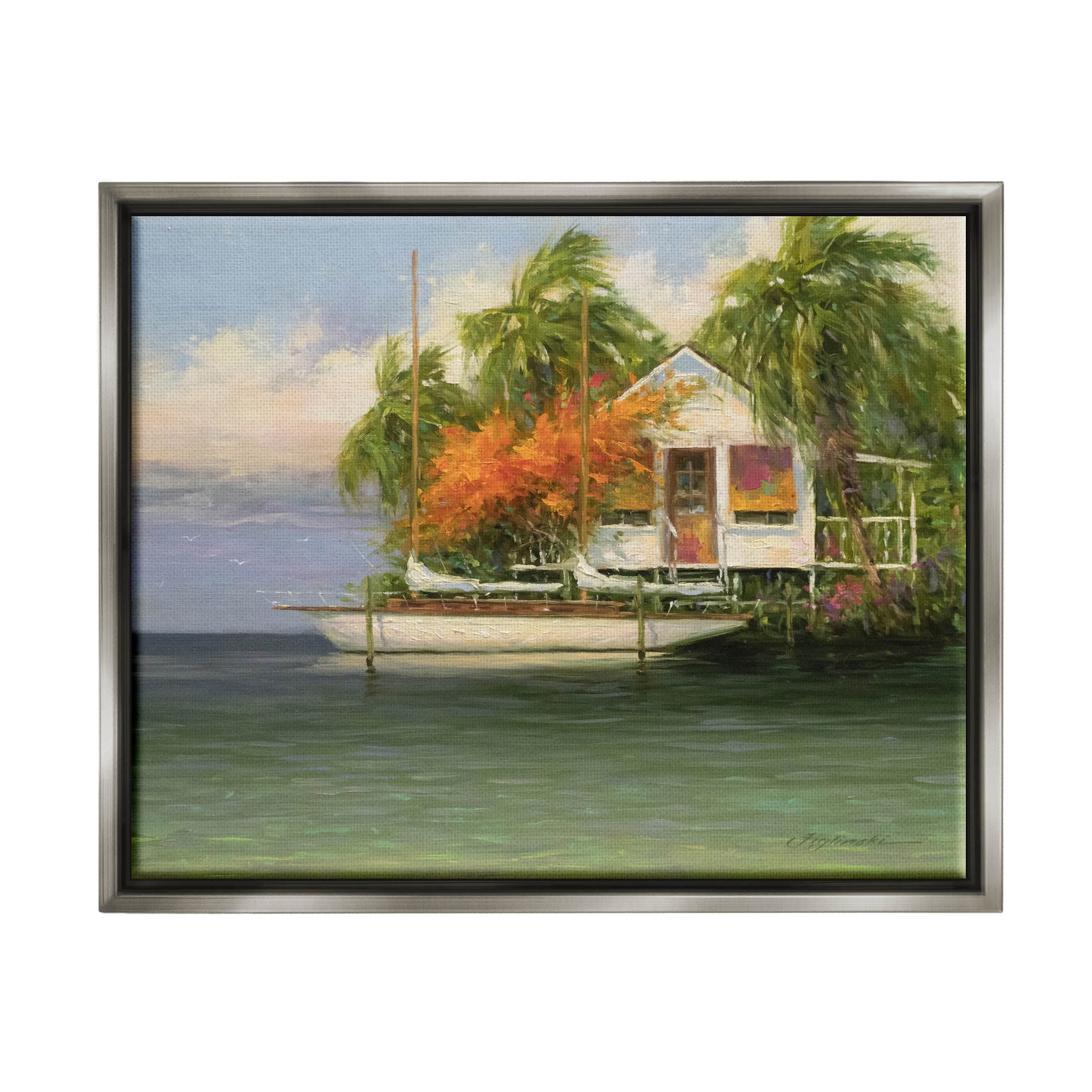 Tropical Seaside House Boat Landscape Painting Luster Gray Framed Art Print Wall Art
