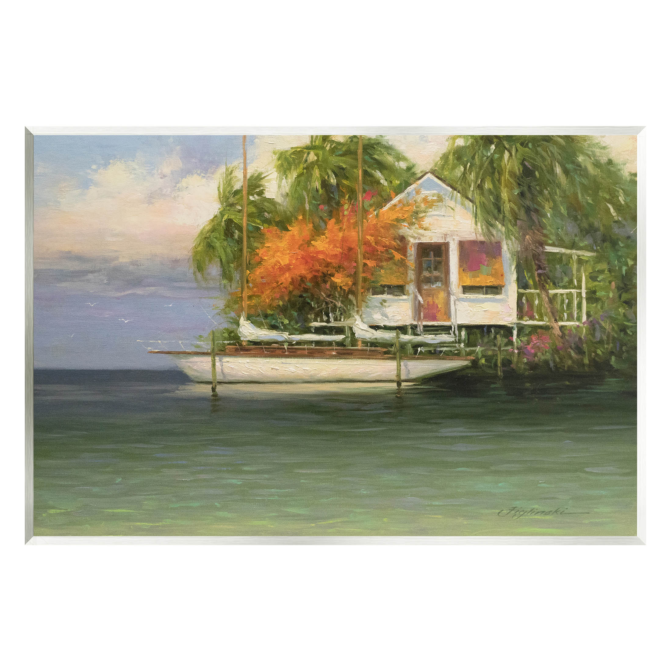Tropical Seaside House Boat Landscape Painting Unframed Art Print Wall Art