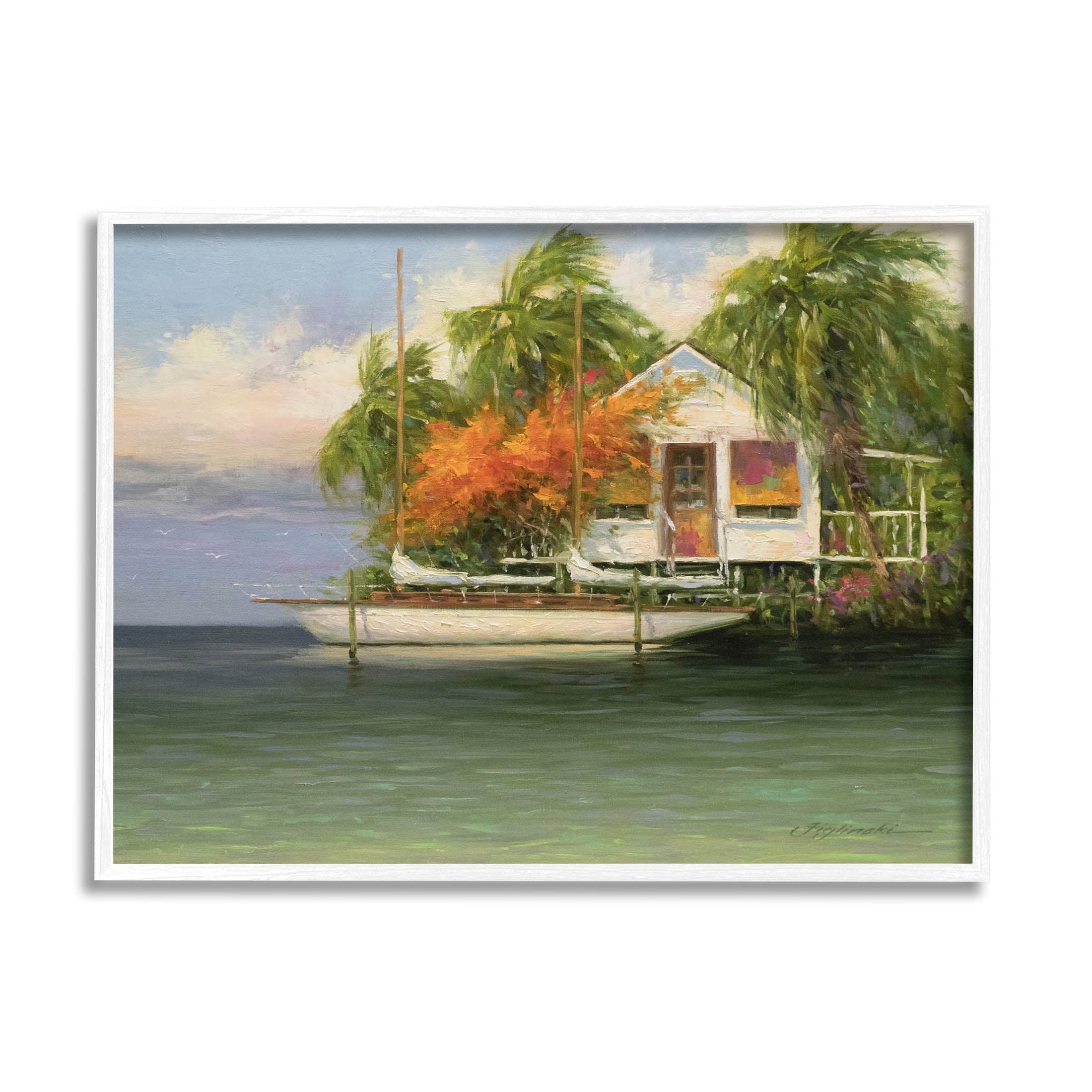Tropical Seaside House Boat Landscape Painting White Framed Art Print Wall Art