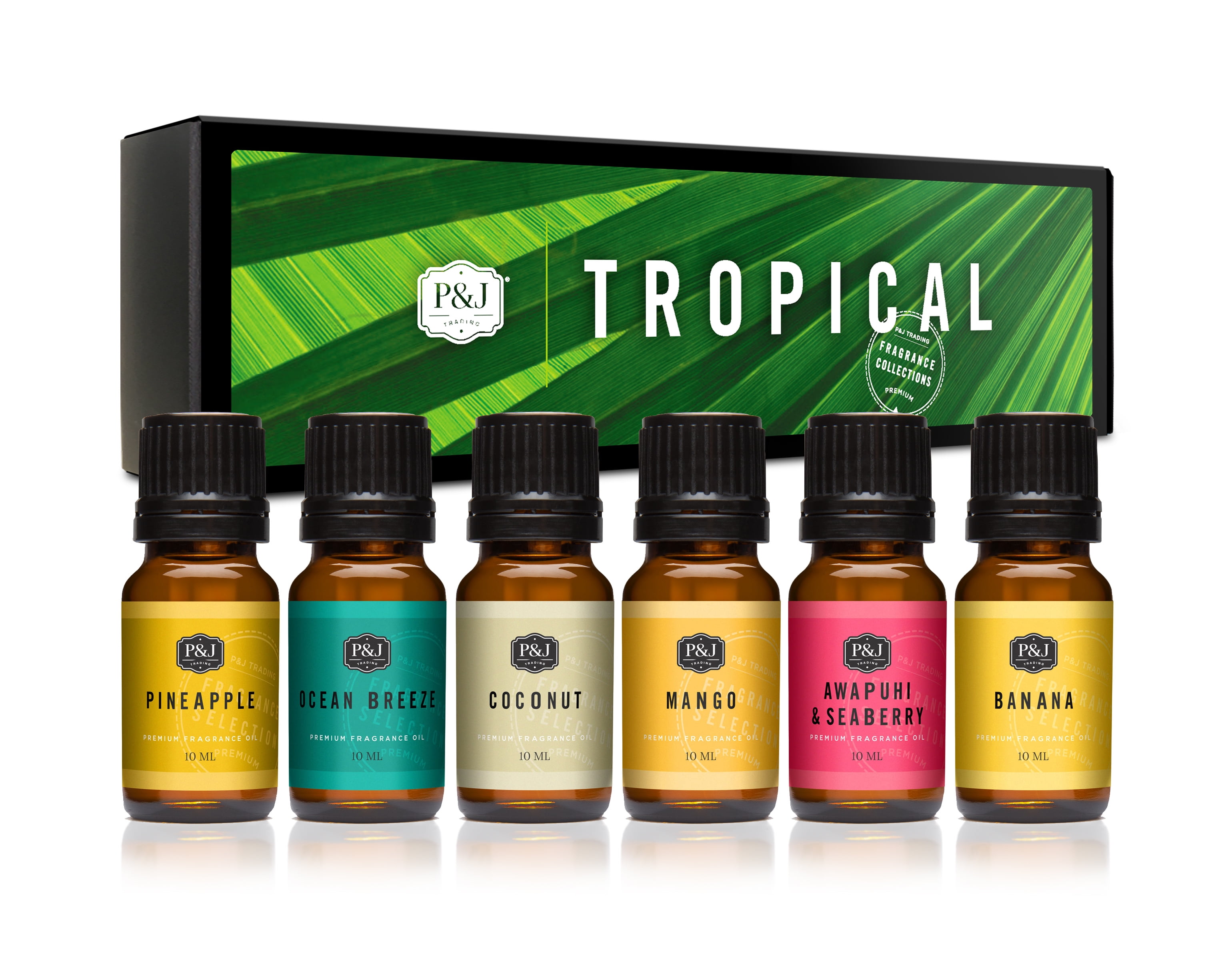 P&J Tropical Set of 6 Fragrance Oils - Premium Grade Scented Oil - 10ml - Banana, Coconut, Awapuhi and Seaberry, Pineapple, Mango, Ocean Breeze