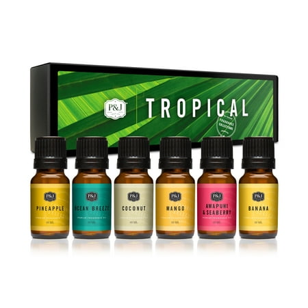 Tropical Set of 6 Fragrance Oils - Premium Grade Scented Oil - 10ml - Banana, Coconut, Awapuhi and Seaberry, Pineapple, Mango, Ocean Breeze