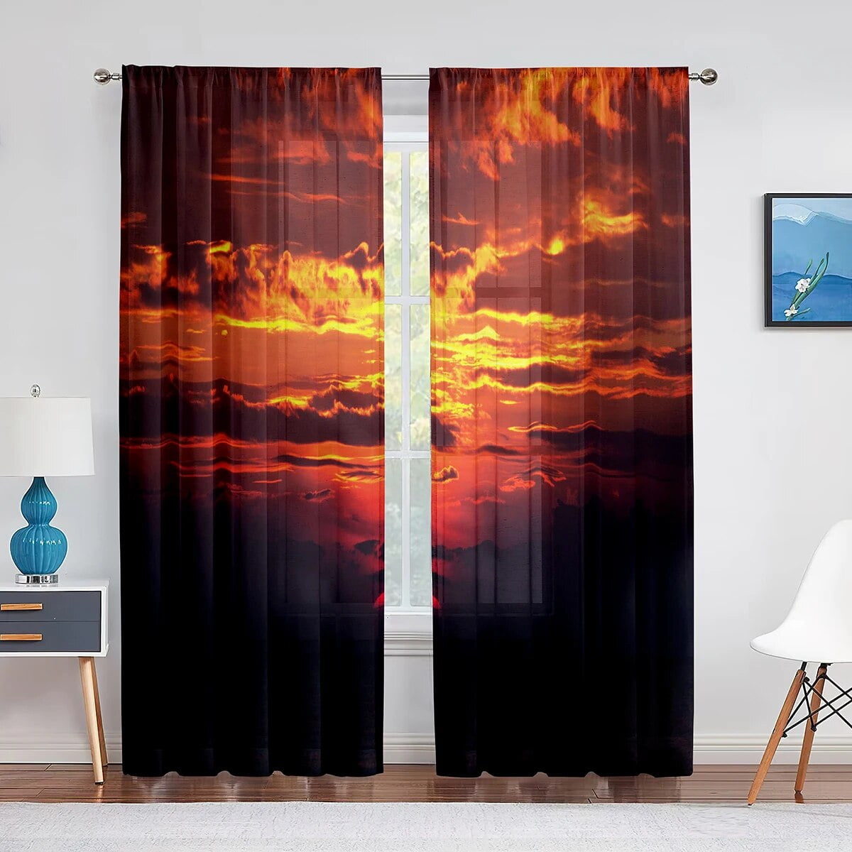 Tropical Sheer Voile Curtain Exotic Sunset Above The Sea Scenery ...