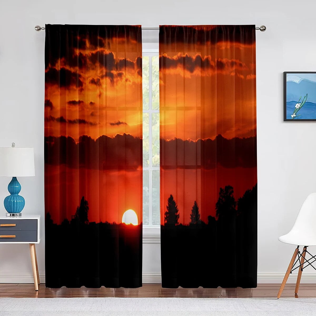 Tropical Sheer Voile Curtain Exotic Sunset Above The Sea Scenery ...