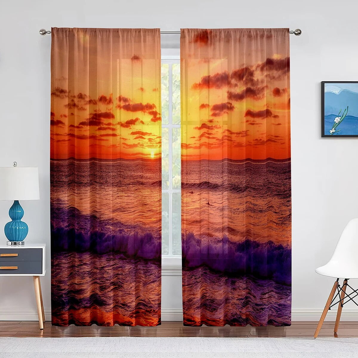 Tropical Sheer Voile Curtain Exotic Sunset Above The Sea Scenery ...