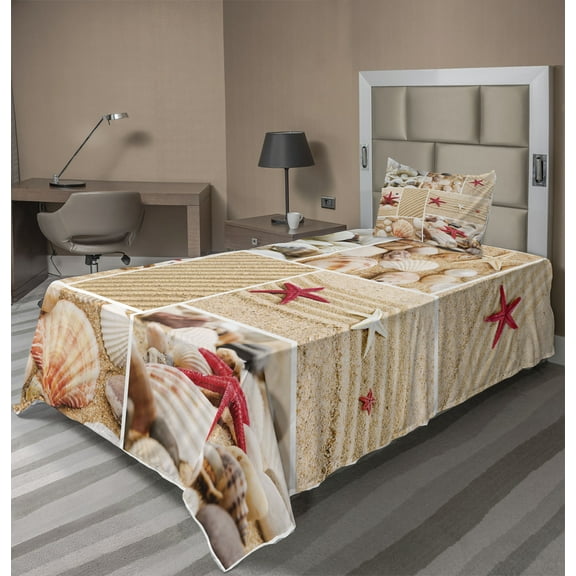 Ambesonne Tropical Fitted & Top Sheet Set with Sham, Seashells Starfishes, Multicolor