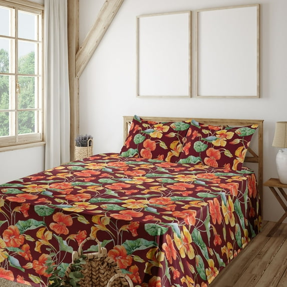 Ambesonne Tropical Fitted & Flat Sheet with Sham 3 Pcs Set, Nasturtium Flowers Plot, Twin, Scarlet Vermilion and Khaki