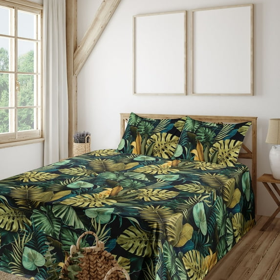 Ambesonne Tropical Fitted & Flat Sheet with Sham 3 Pcs Set, Art Exotic Monstera Leaves, Twin XL, Dark Teal Olive Green