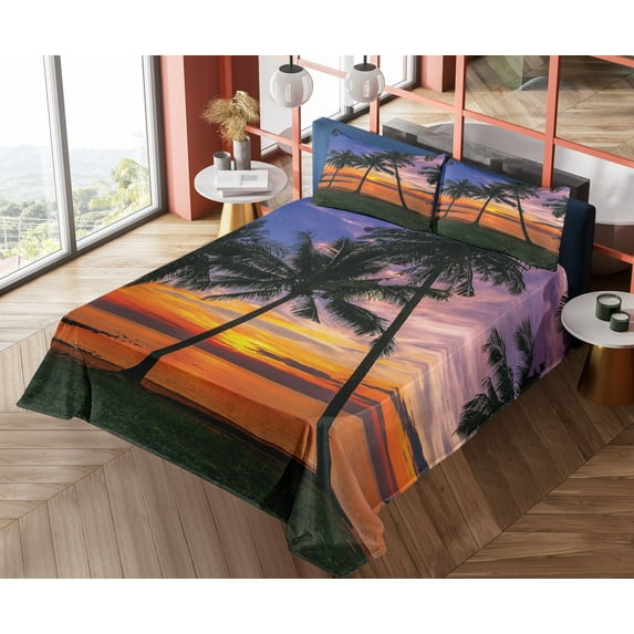 Ambesonne Tropical Fitted & Top Sheet Set with Shams, Palm Trees Sunset View, Multicolor