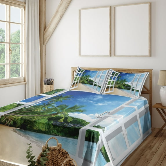Ambesonne Tropical Fitted & Top Sheet Set with Shams, Green Colored Window View, Multicolor