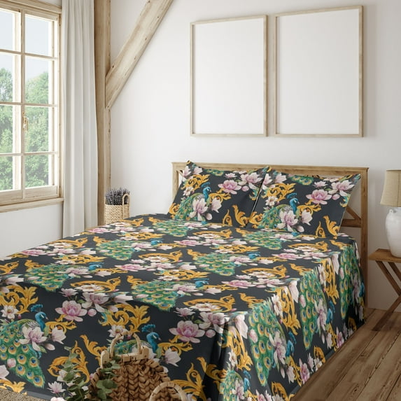 Ambesonne Tropical Fitted & Flat Sheet with Shams 4 Pcs Set, Peacock Flowers Leaves Art, King, Earth Yellow and Jade Green