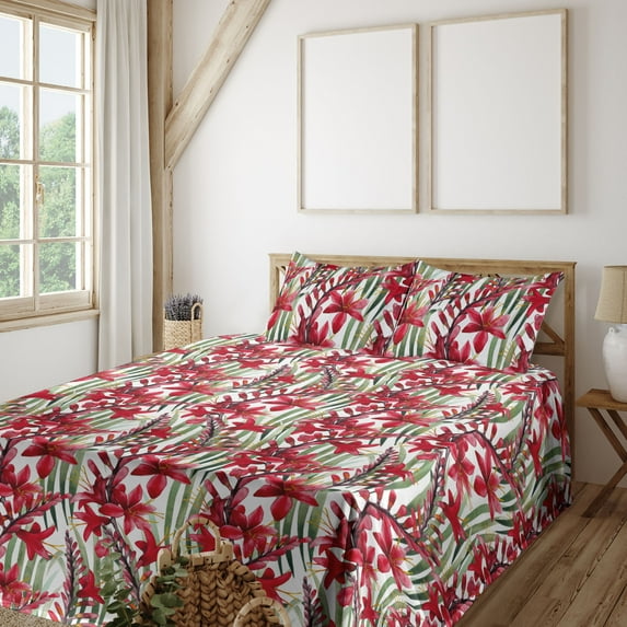 Tropical Sheet Set, Red-Colored Flowers Vertical Leaves Watercolor Art on Plain Back, Fitted & Flat Sheet with Pillowcase Bedding Accent 3 Pcs Set, Twin XL, Dark Coral and Peacock Green, by Ambesonne