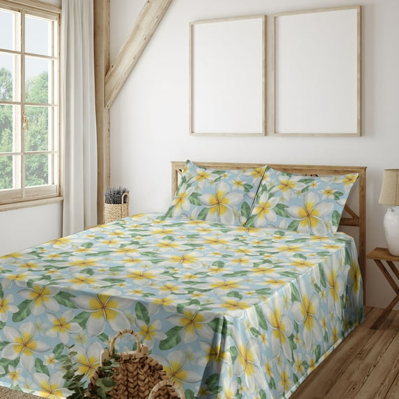 Ambesonne Tropical Fitted & Flat Sheet with Sham 3 Pcs Set, Little Art Flowers Vintage, Twin XL, Mustard Pale Blue Green
