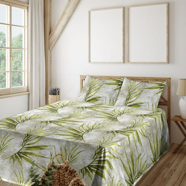 Tropical Sheet Set, Repetitive Exotic Palm Leaves Pattern Grungy Watercolor Illustration, Fitted & Flat Sheet with Pillowcase Bedding Accent 4 Pcs Set, Full, Yellow Green Pale Grey, by Ambesonne