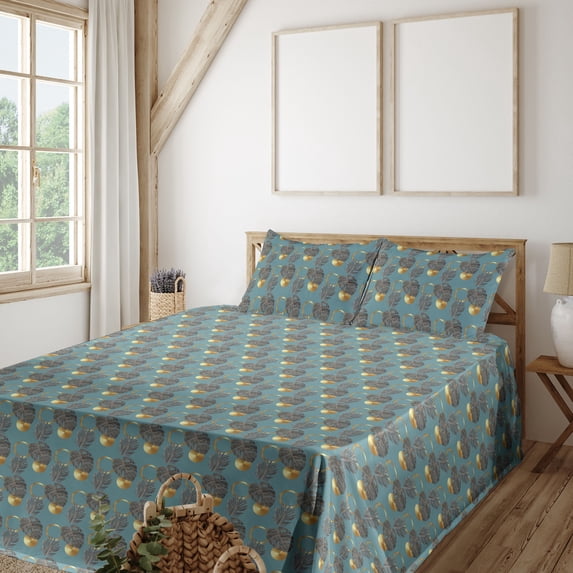 Ambesonne Tropical Fitted & Flat Sheet with Sham 3 Pcs Set, Exotic Palm Leafy Pattern, Twin, Marigold and Ceil Blue