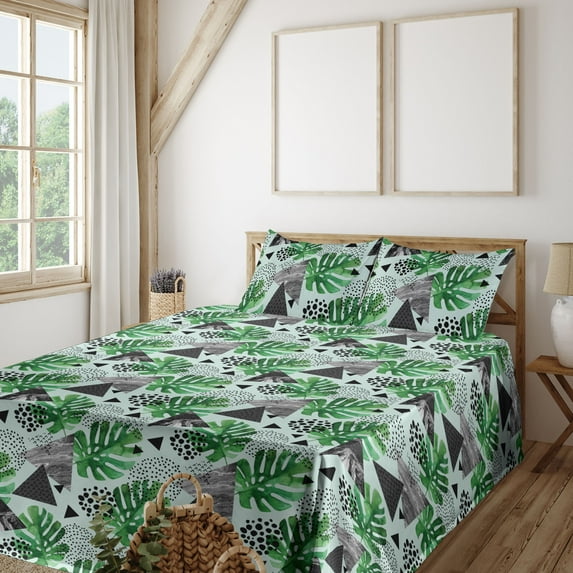 Ambesonne Tropical Fitted & Flat Sheet with Shams 4 Pcs Set, Triangles Exotic Leaf Art, Queen, Fern Green and Dark Grey