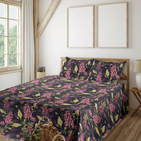 Ambesonne Tropical Fitted & Flat Sheet with Shams 4 Pcs Set, Watercolor Grevillea Art, Full, Dried Rose and Earth Yellow