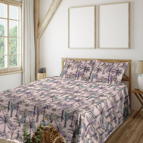Ambesonne Tropical Fitted & Flat Sheet with Shams 4 Pcs Set, Simple Palm Trees Artwork, Full, Pale Pink Fuchsia and Teal