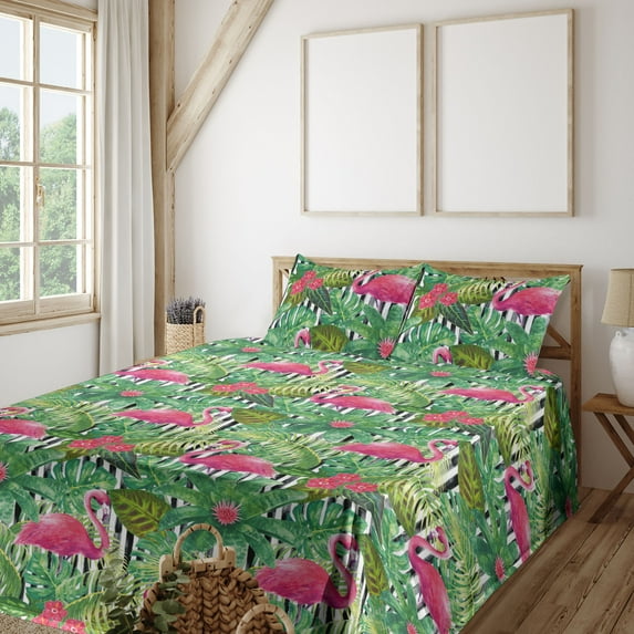 Ambesonne Tropical Fitted & Flat Sheet with Shams 4 Pcs Set, Dreamy Flamingo Hibiscus, Calking, Hot Pink Jade Green