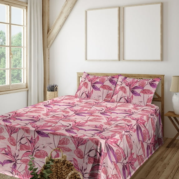 Ambesonne Tropical Fitted & Flat Sheet with Shams 4 Pcs Set, Dreamy Exotic Leaves Print, Calking, Dark Magenta and Hot Pink