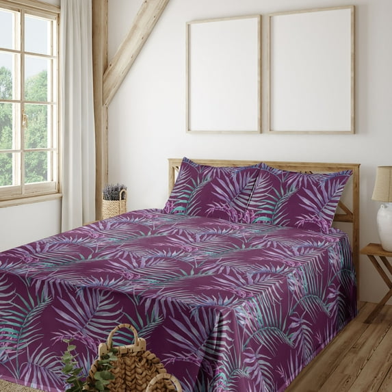 Ambesonne Tropical Fitted & Flat Sheet with Shams 4 Pcs Set, Vintage Palm Leaves Plot, King, Cadet Blue and Pale Purple
